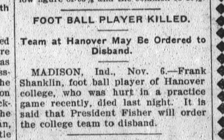 Hanover College football player dies, 1903.