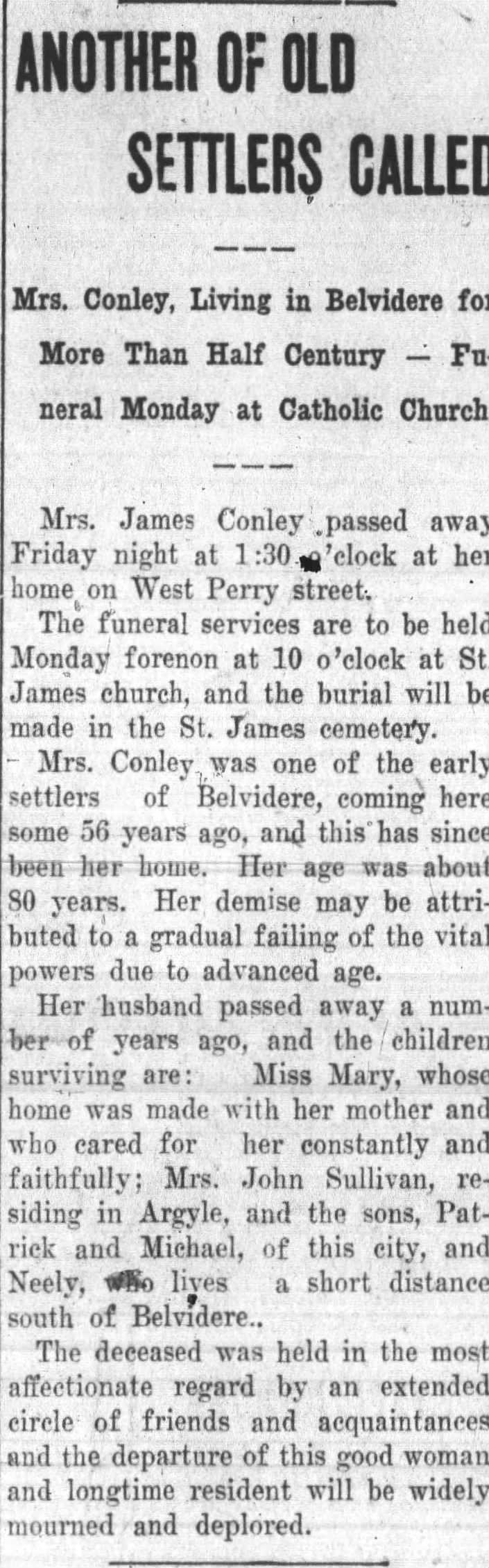 Mary Conley death notice 1906