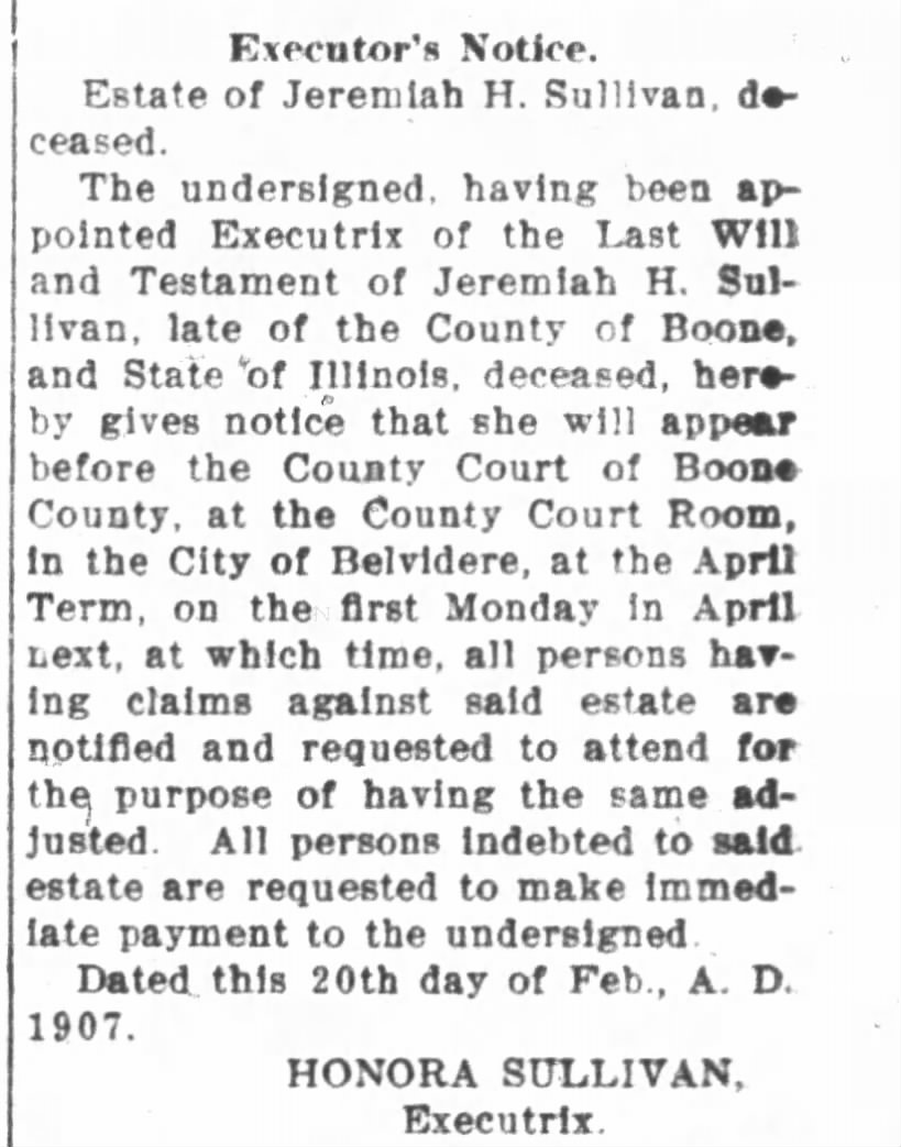 Jeremiah H. Sullivan executor of estate notice 3/9/1907