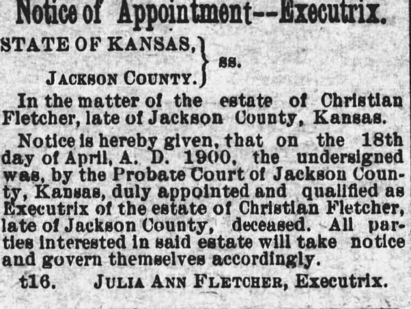 Christian C Fletcher probate court 1900 Kansas