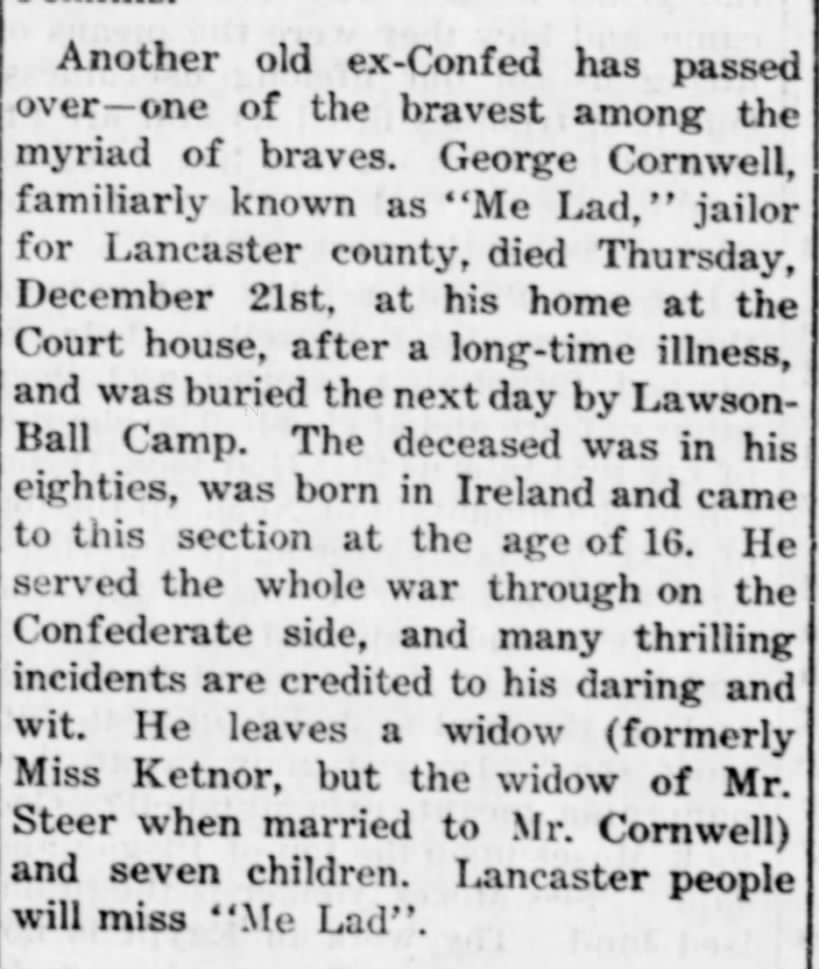 Obituary for George Cornwell
Virginia Citizen newspaper, 5 January, 1906