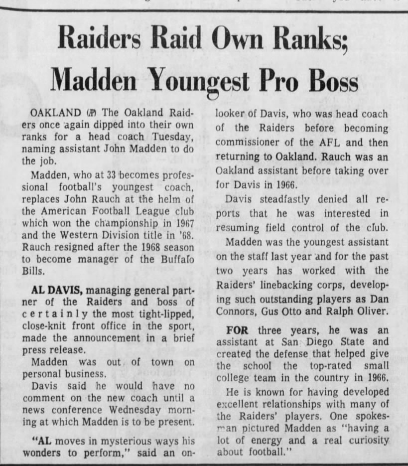 2-5-1969 AP Raiders Raid Own Ranks; Madden Youngest Pro Boss