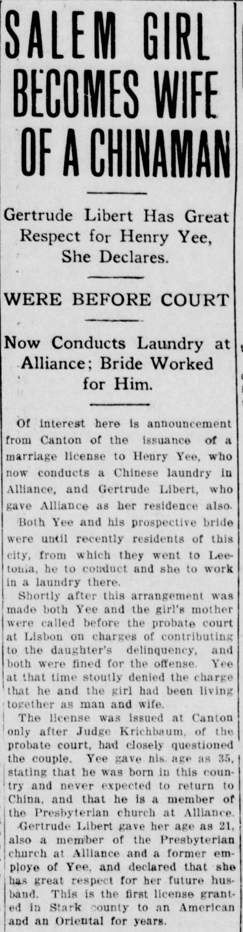 Gertrude Libert Marries a Chinaman