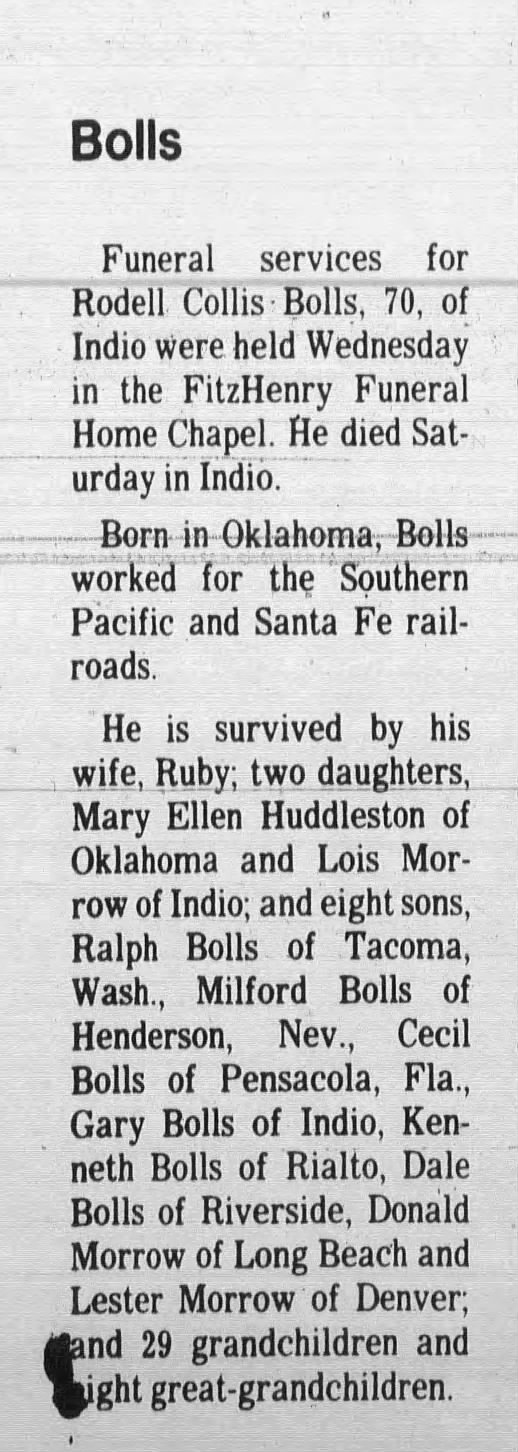 Rodell Collis BOLLS, Indio obit; The Desert Sun, Palm Springs CA 12 Feb 1981