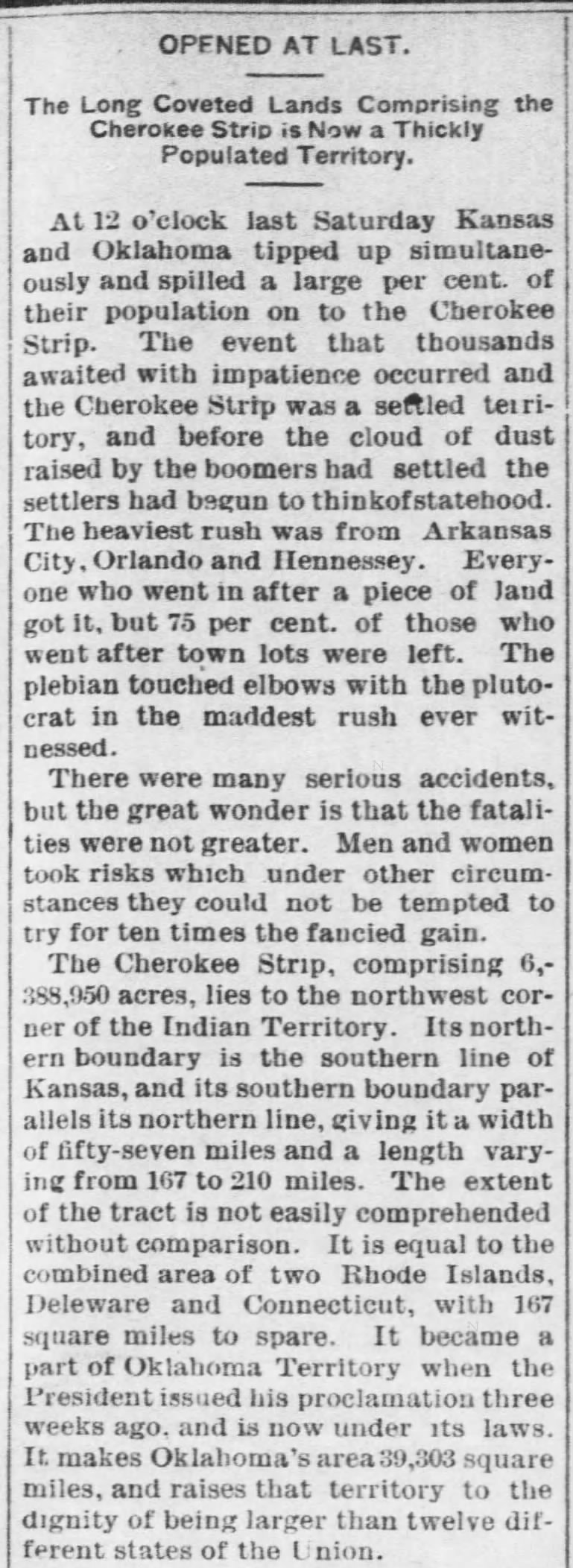 One week after the Cherokee Strip Land Run of Sep. 16, 1893