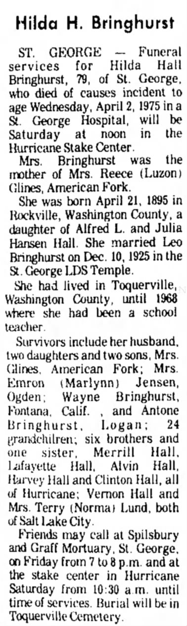 Obituary - Hilda H. Bringhurst
