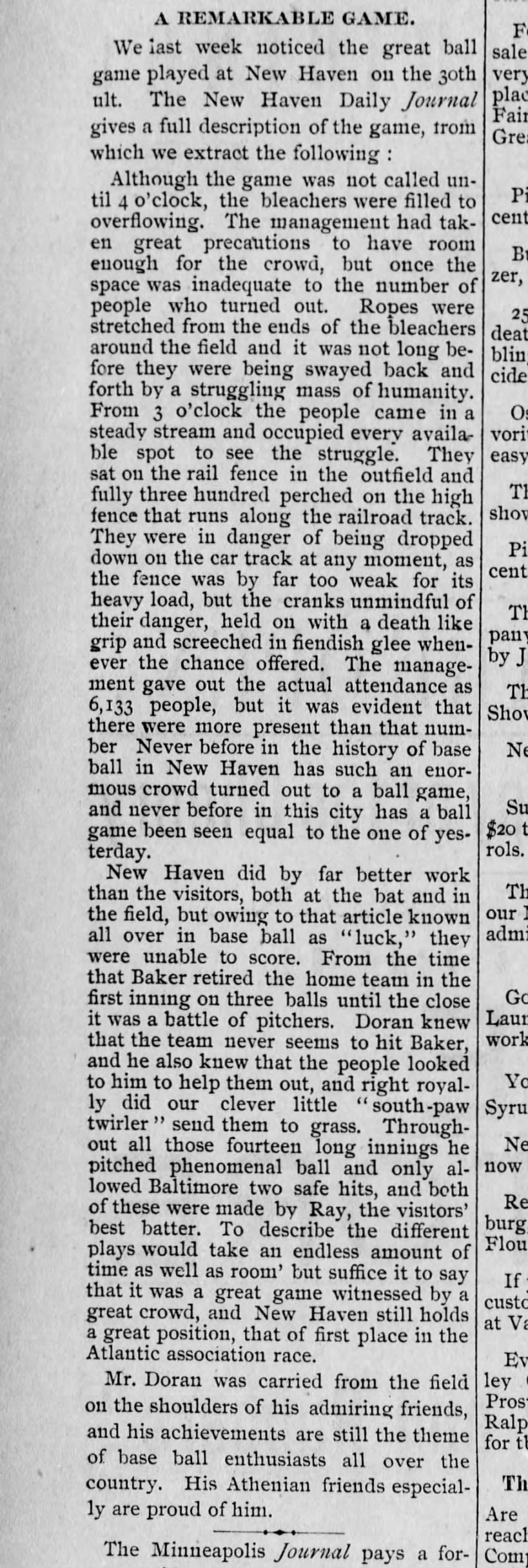 John Doran's remarkable game with New Haven 1890