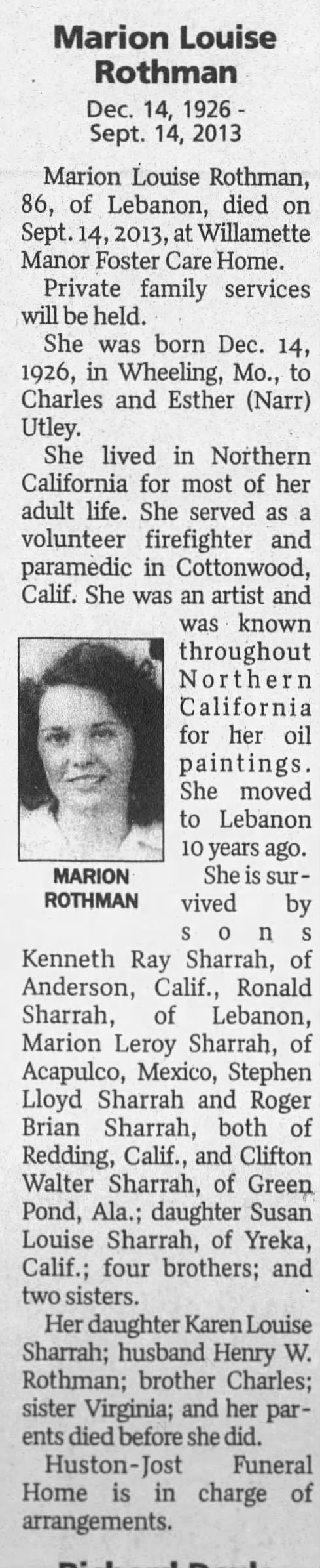 Obituary for Marion Louise ROTH, 1926-2013 (Aged 86)