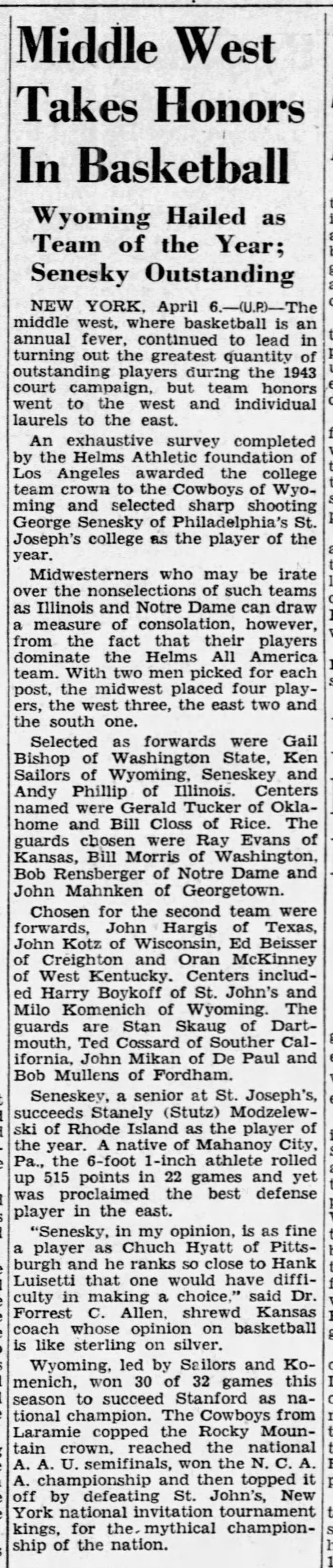 Wyoming Hailed as Team of the Year 1943 Helms Athletic Foundation National Championship
