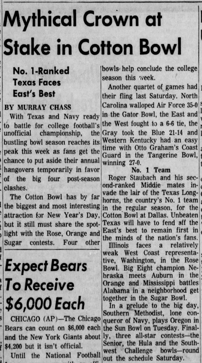 Mythical Crown at Stake in Cotton Bowl 1964 1963 Season Texas Navy