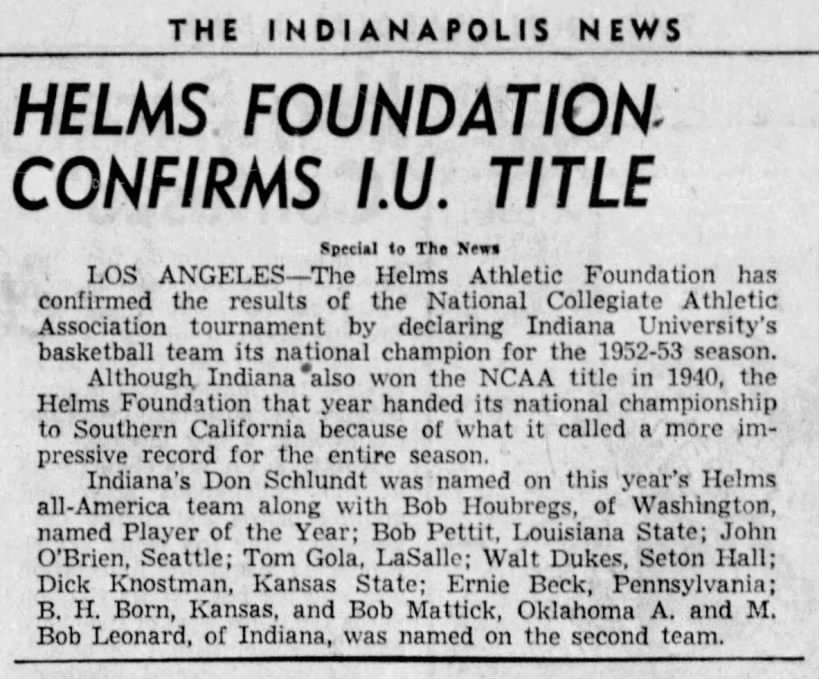 Helms Foundation Confirms I.U. Title — Indiana University 1953 National Championship