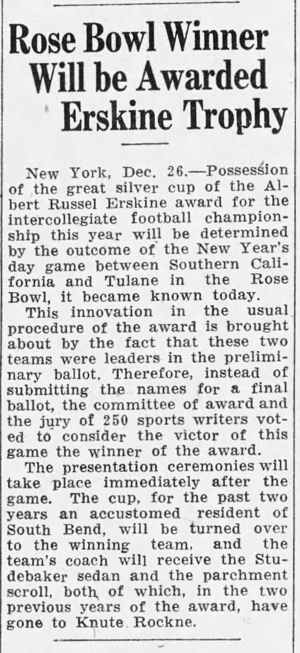 Rose Bowl Winner Will be Awarded Erskine Trophy 1931