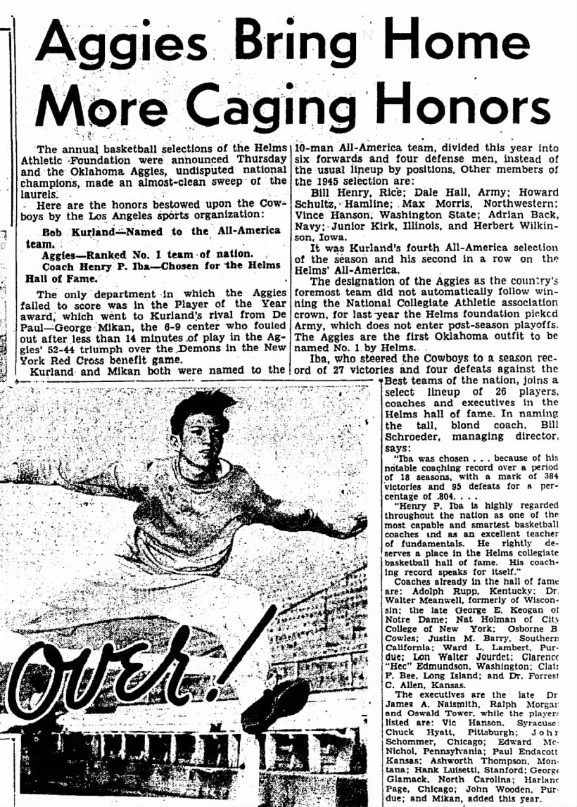 Aggies Bring Home More Caging Honors 1945 Helms Athletic Foundation Oklahoma State