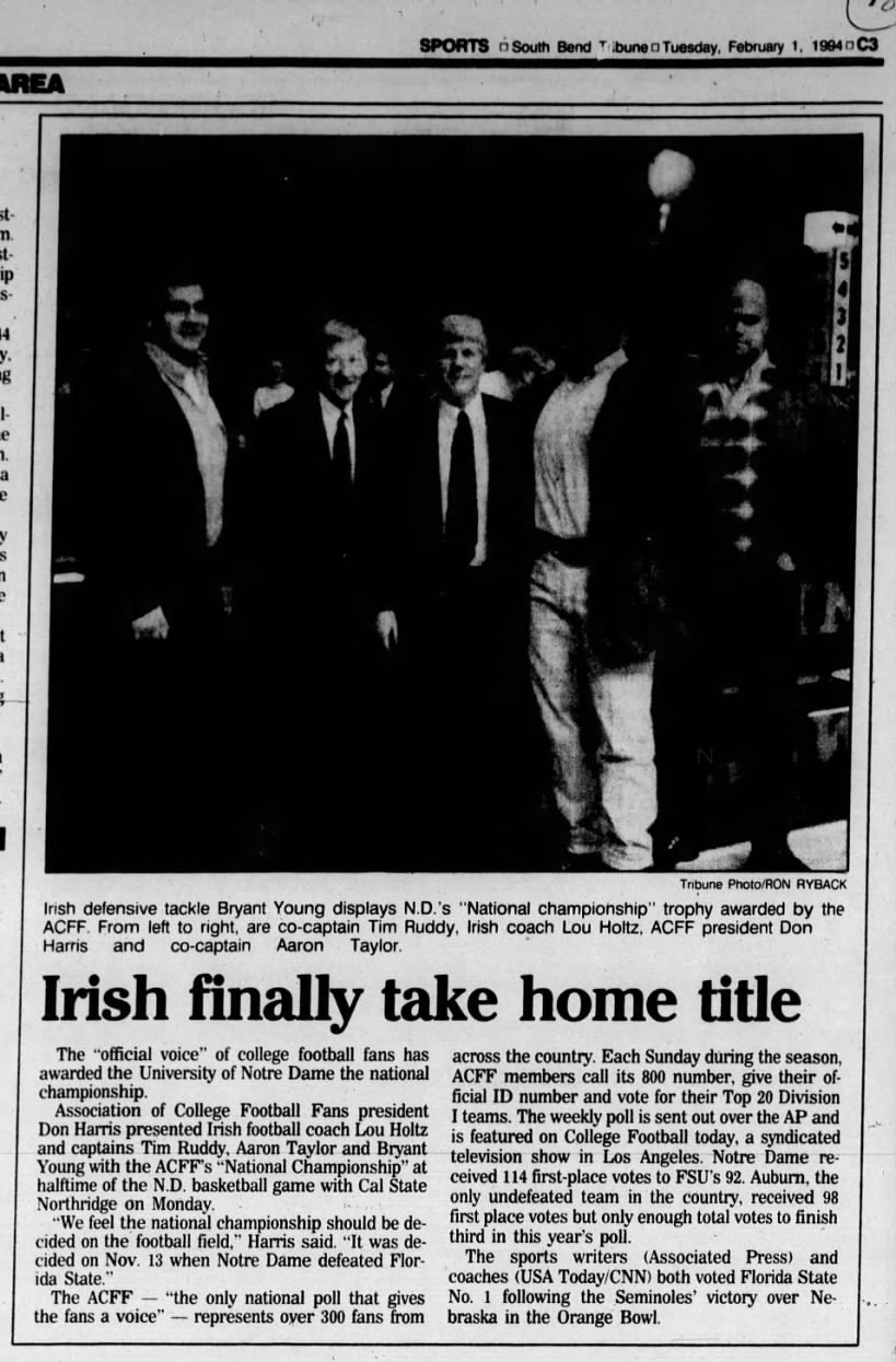 Irish finally take home title — Association of College Football Fans trophy 1993