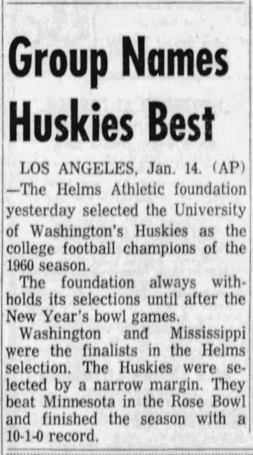 Group Names Huskies Best [1960 Helms Athletic Foundation]