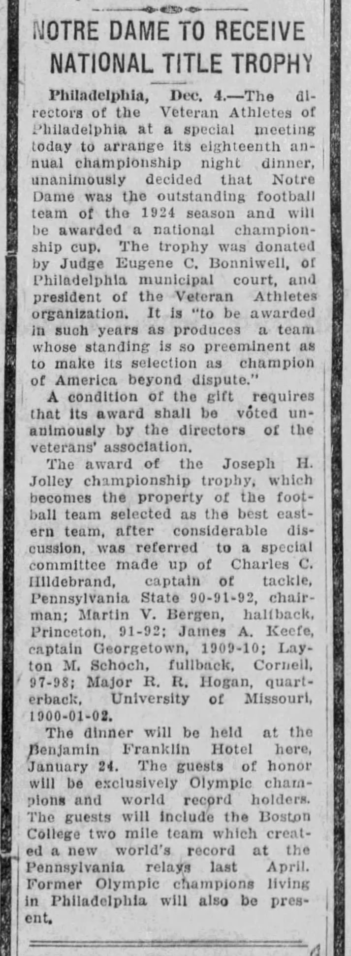 1924 Notre Dame to Receive National Title Trophy Bonniwell Trophy Veteran Athletes of Philadelphia