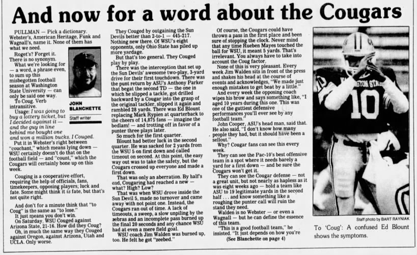 "And now for a word about the Cougars" John Blanchette coined "Coug it" 1985