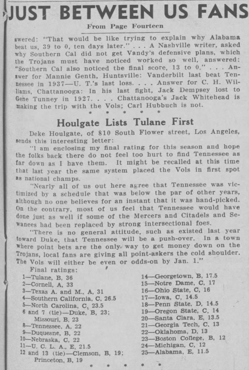Houlgate Lists Tulane First 1939