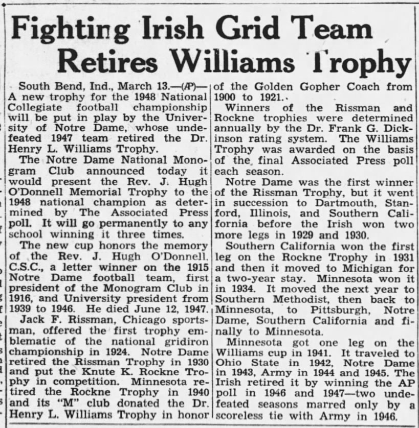 Fighting Irish Grid Team Retires Williams Trophy