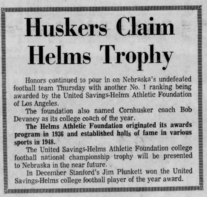 Huskers Claim Helms Trophy 1970