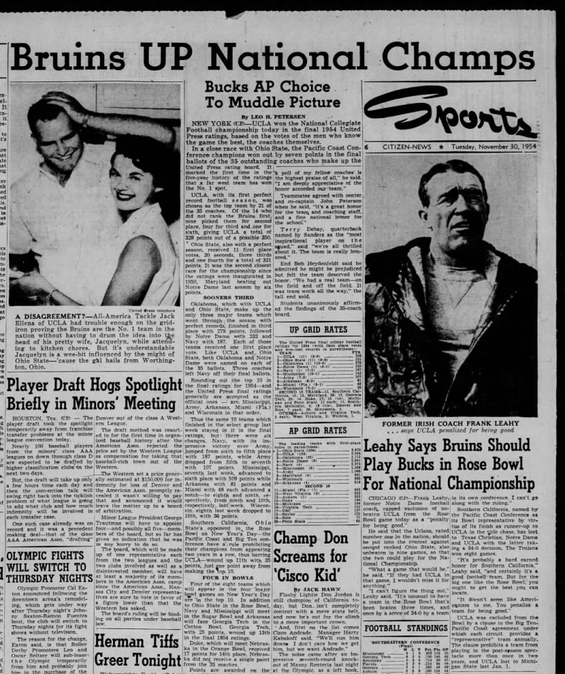 Leahy Says Bruins Should Play Bucks in 1955 Rose Bowl for 1954 National Championship