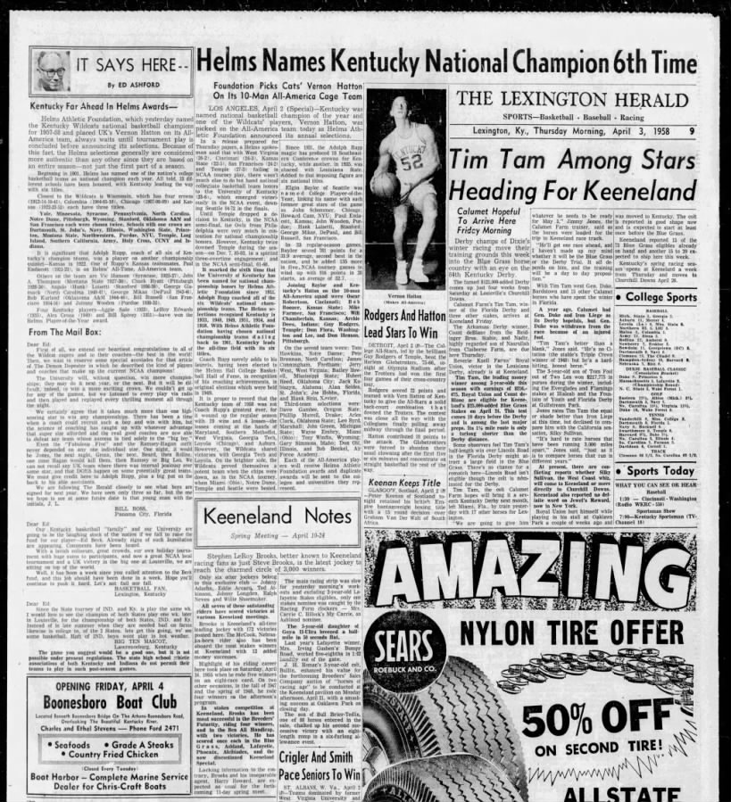 Helms Names Kentucky National Champion 6th Time 1958