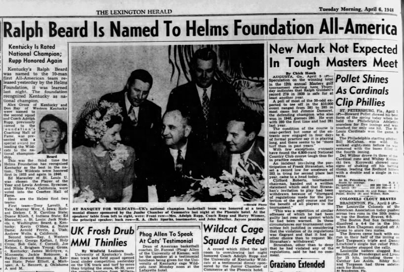 Kentucky Is Rated National Champion; Rupp Honored Again 1948 Helms Athletic Foundation