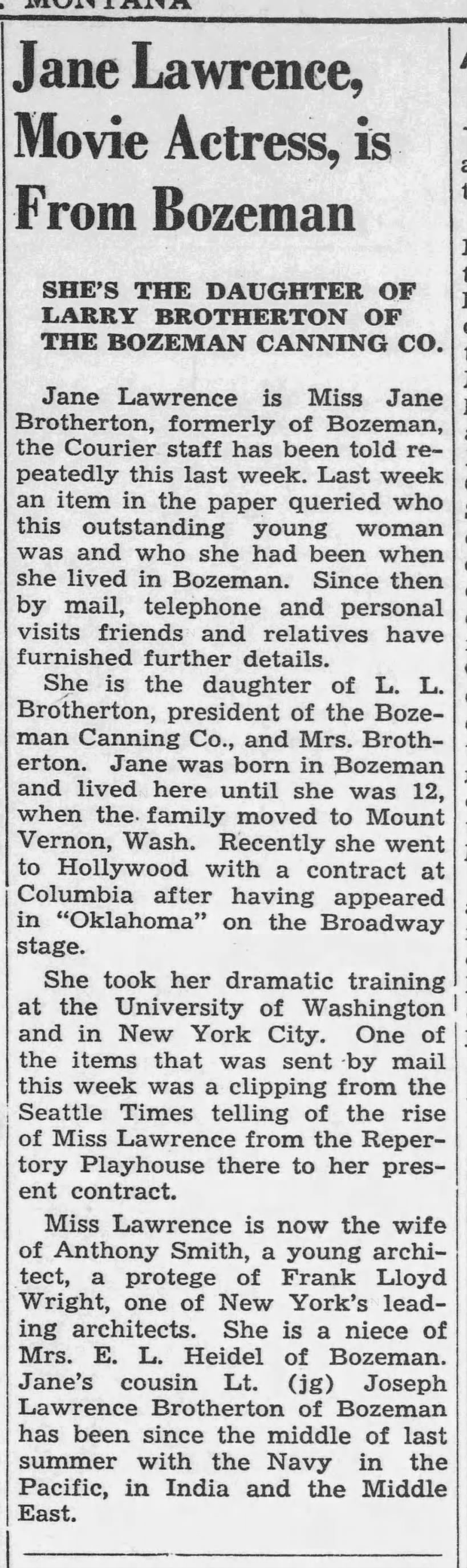 Jane Lawrence, Movie Actress, is From Bozeman Jane Brotherton Bozeman Canning Company
