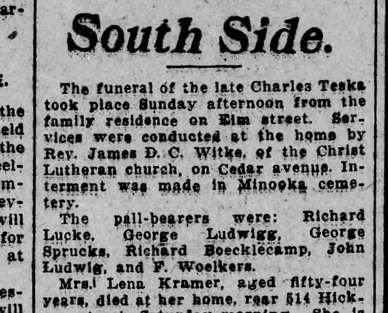 Charles Teska funeral Scranton Republican 9 Apr 1907 page 8 col 3