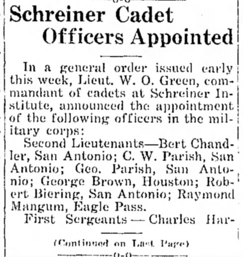 John Peter Lorenz appointed First Sergeant Schreiner cadet