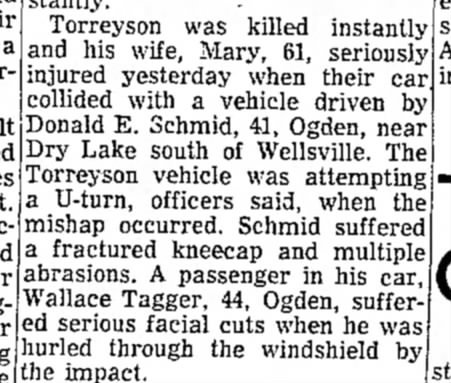 Joseph and Mary Torreyson, accident, Daily Herald, 18 Oct 1954, Mon. p. 1