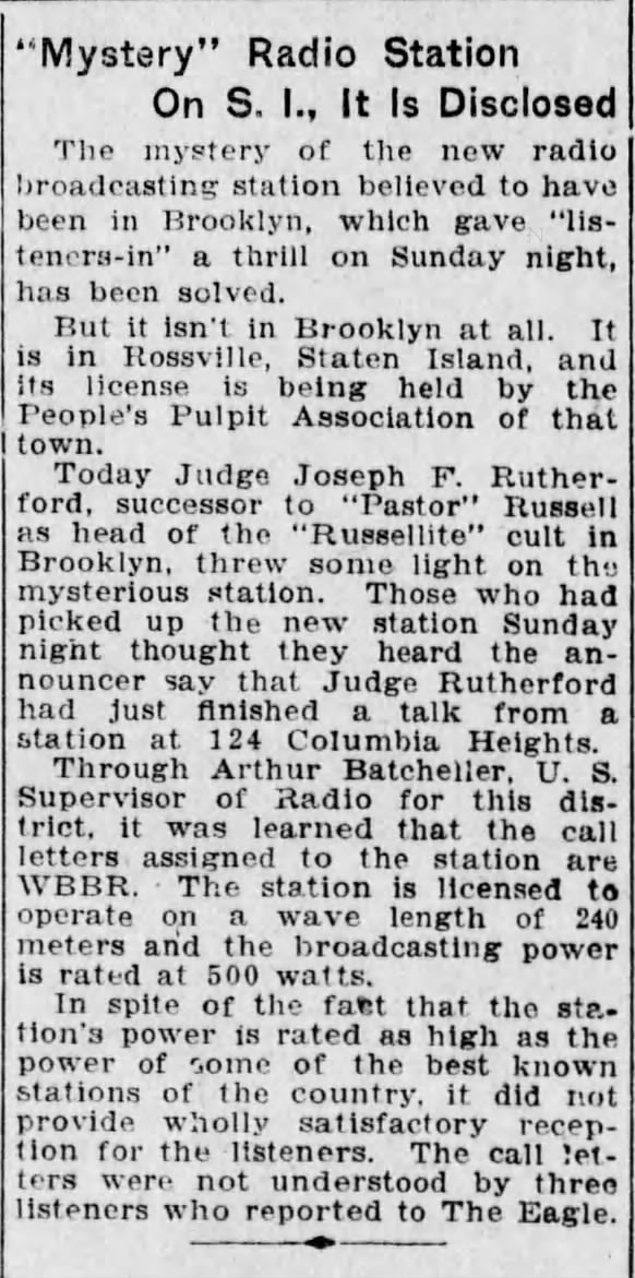 WBBR first broadcasts heard from Rossville, Staten Island
