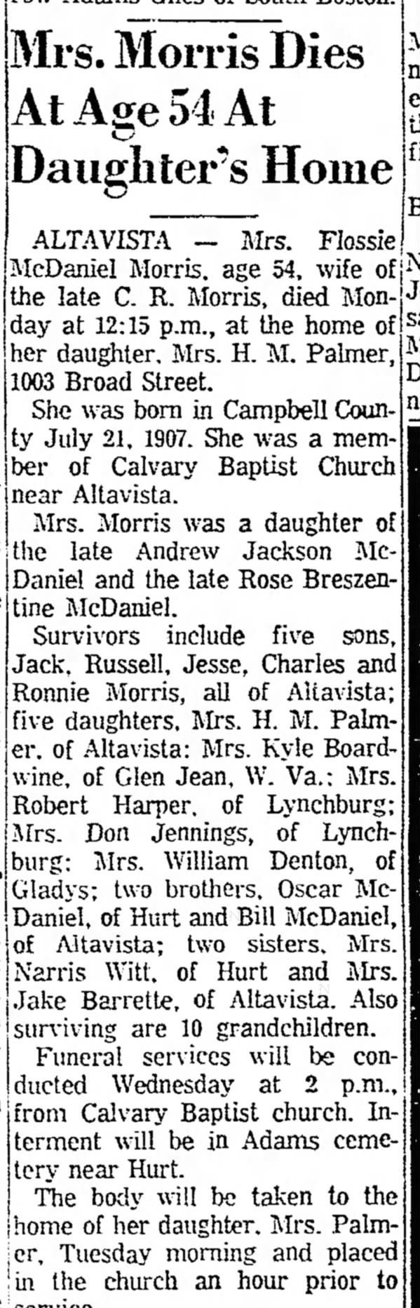 McDaniel, Flossie MORRIS obit 1962 do Andrew Jackson McD and Rose Breszentine.