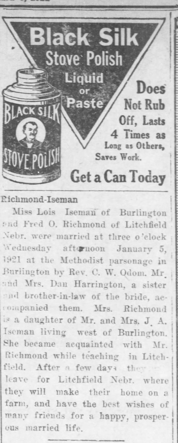 Marriage of Richmond-Iseman 1921