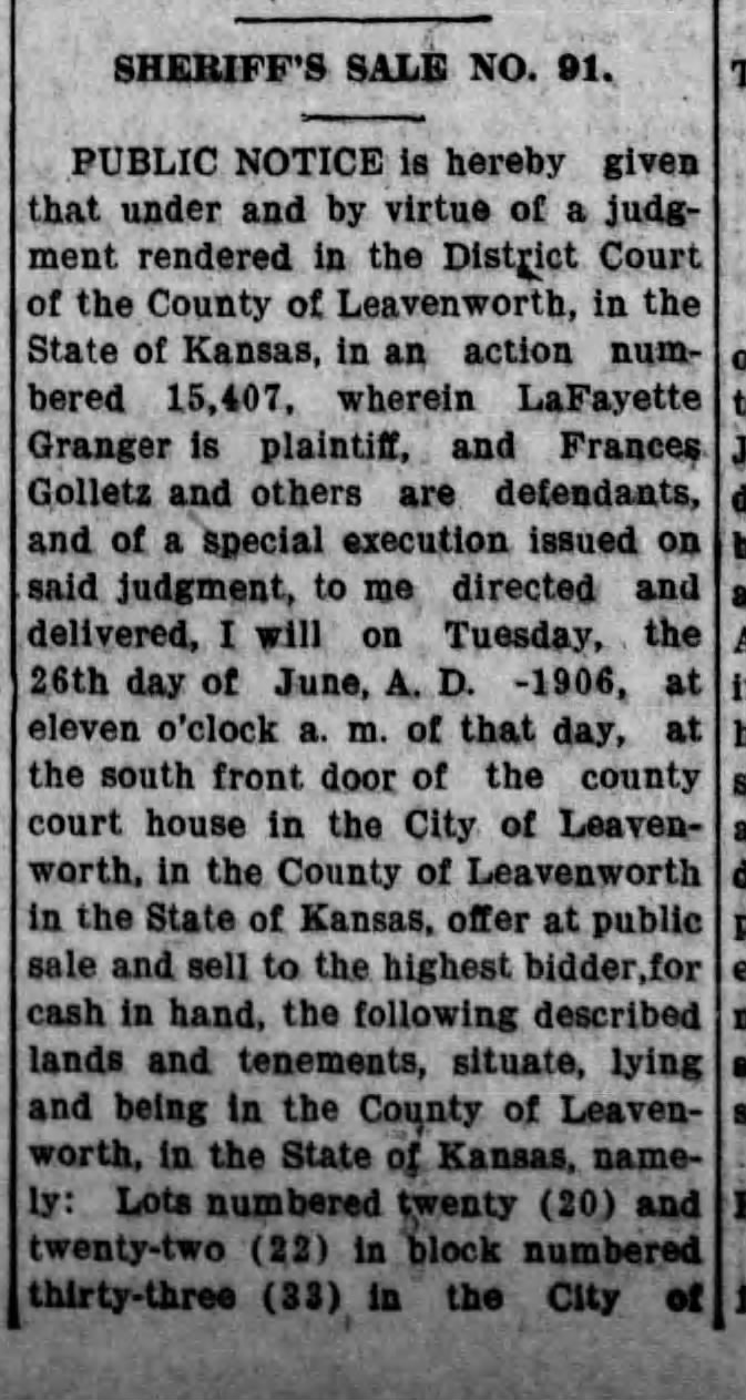 Property of FRANCES GOLLETZ, defendent, part of Sheriff's Sale No. 91 (part 1)