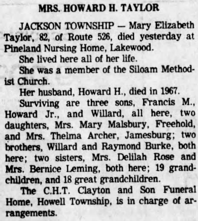 Mrs Mary Elizabeth Burke Taylor Obituary
