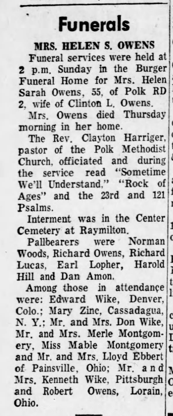 obit, Mrs Helen S Owens, notes Merle Montgomery and Mable Montgomery