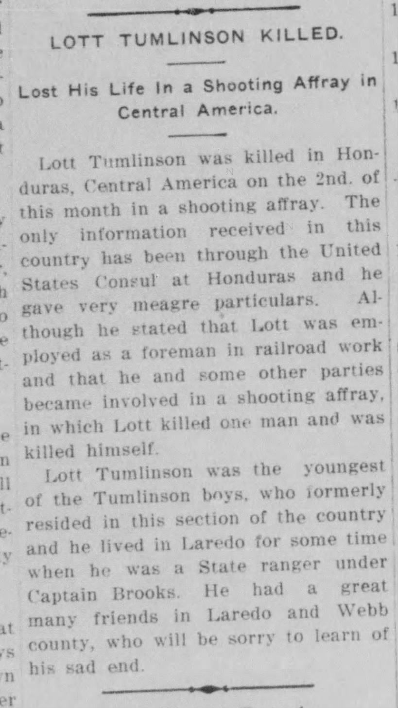Laredo Weekly Times
Laredo, Texas
Sunday, October 29, 1911
Page 1 (Column 3)