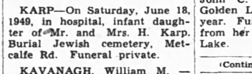 Karp baby girl - death notice 1949