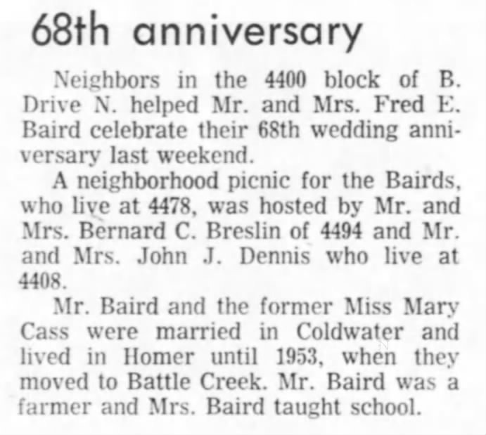 Picnic to celebrate Baird's 68th wedding anniversary.