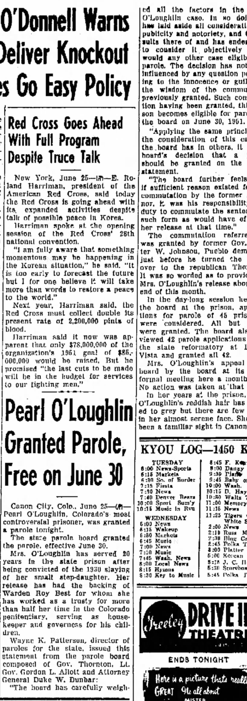 Pearl O'Loughlin paroled