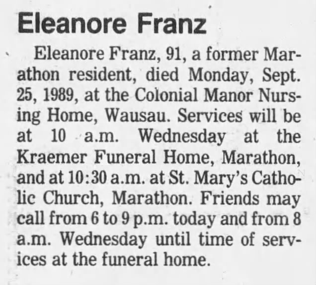 Eleanore Franz_obituary_WausauDailyHerald_Tuesday,Sep 26,1989