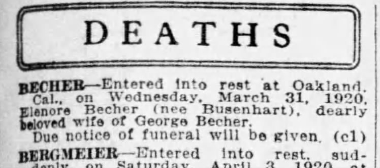 Elenore Busenhart Becher Death 1920
