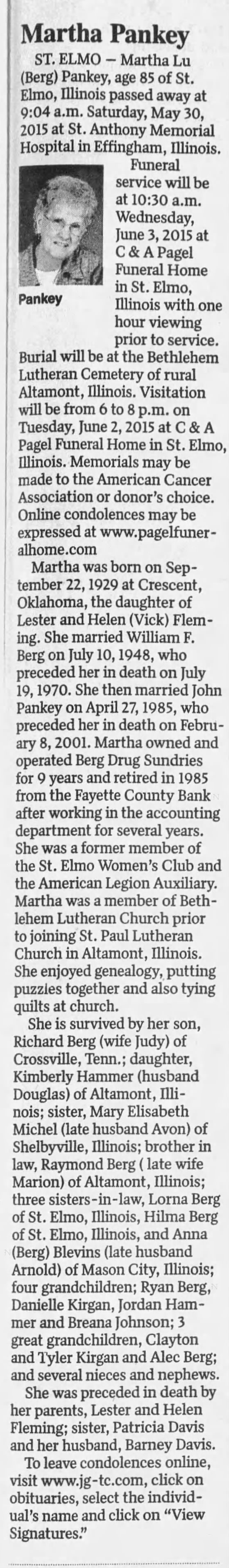 Martha Lu (Fleming) Berg Pankey 04 Feb 1909 - 05 Apr 1996