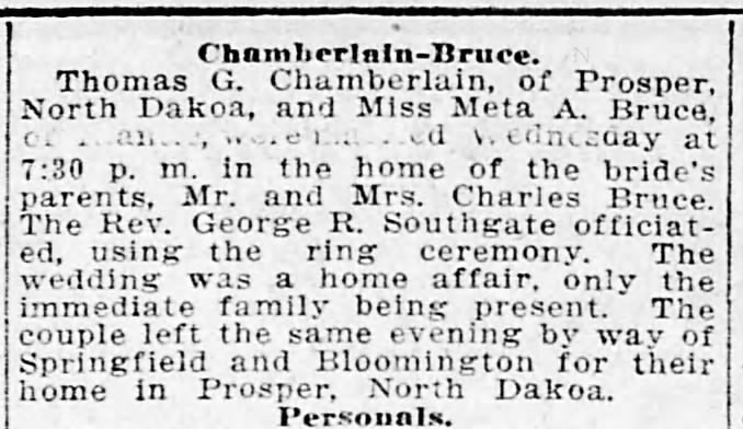 Thomas G Chamberlain and Meta A Bruce Wedding 1914