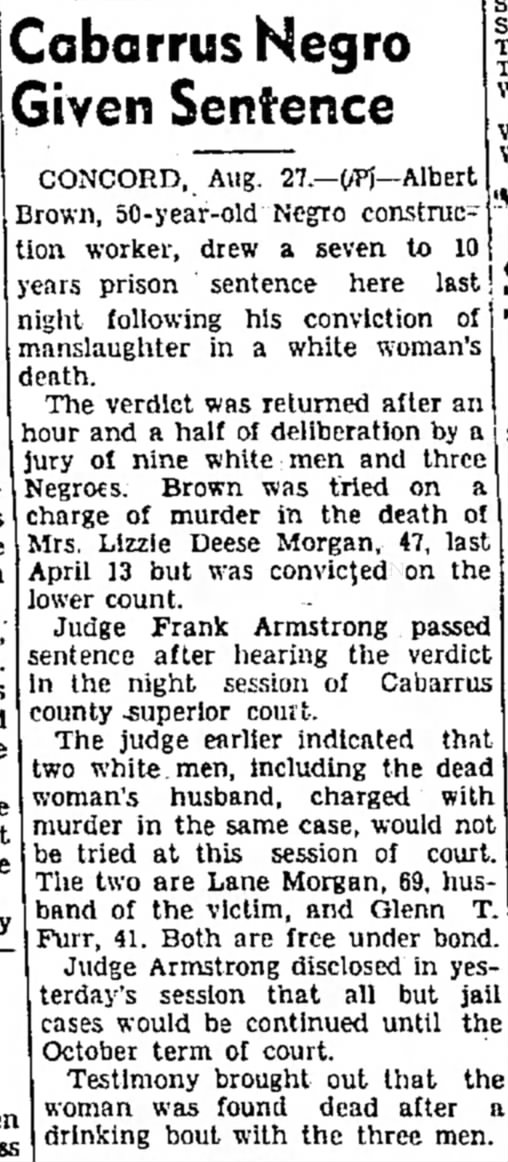 The Gastonia Gazette (Gastonia NC)
August 27, 1949
Cabarrus Negro given Sentence in the murder of Li