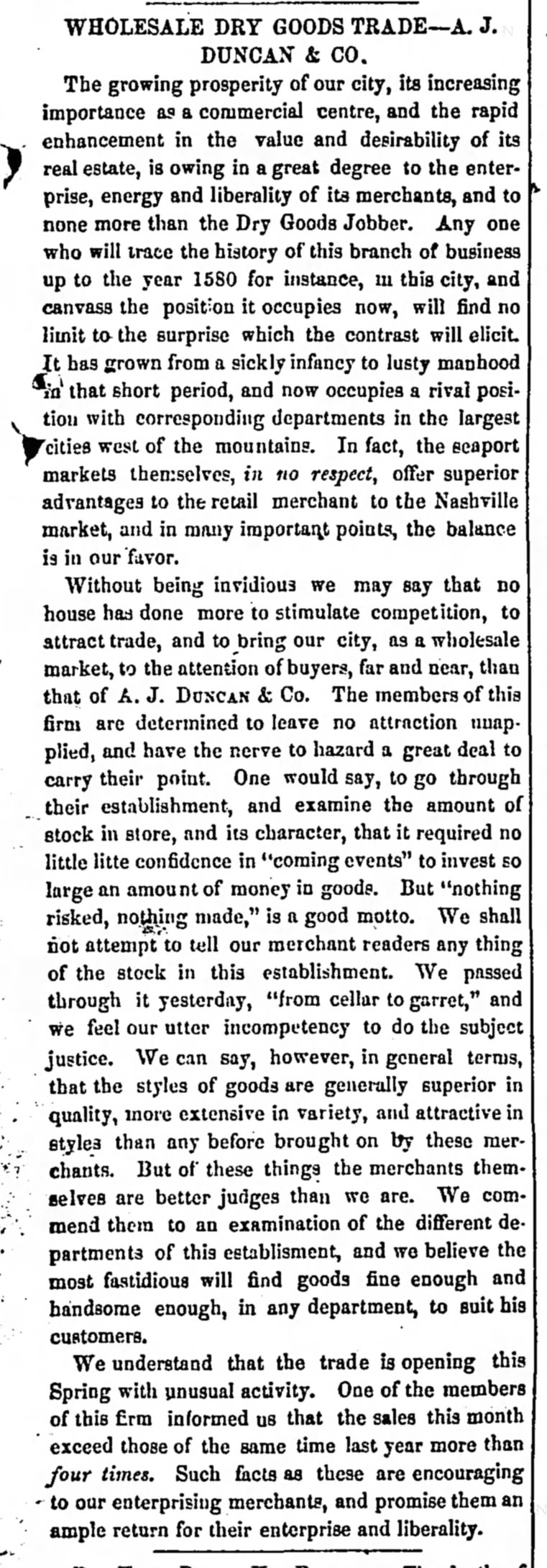 26 Feb 1857 Tennessean newspaper article about the A. J. Duncan & Co. Store.
