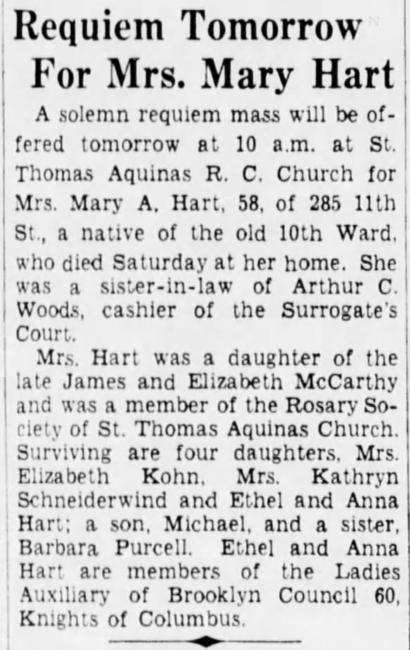 Requiem Tomorrow For Mrs. Mary Hart - The Brooklyn Daily Eagle (Brooklyn, New York) 04 Jan 1938, Tue
