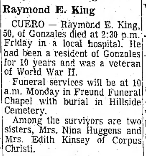 2 March 1969 
Obit Raymond E King