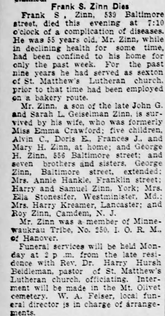 Francis S Zinn Obituary 1934
